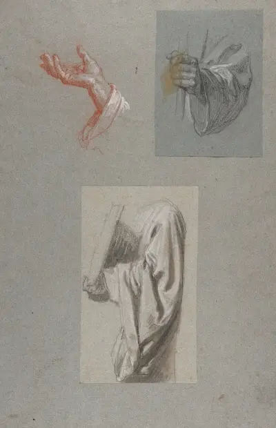 a. Sankt Remigius hand; b. Sankt Remigius hand; c. Draperistudie för akolyt som håller bok av Isidore Pils