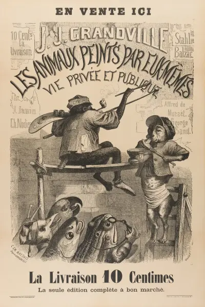 Bokhandelsaffisch för Scènes de la Vie privée et publique des animaux, utgiven hos Hetzel och Paulin av J. J. Grandville