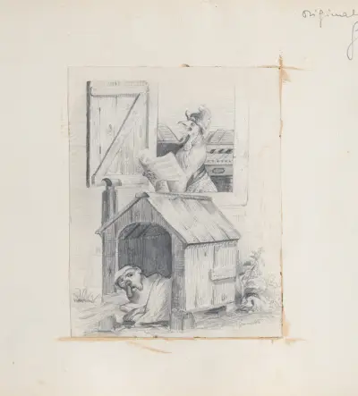 Hund i hundkoja; tupp som gal vid fönstret av J. J. Grandville