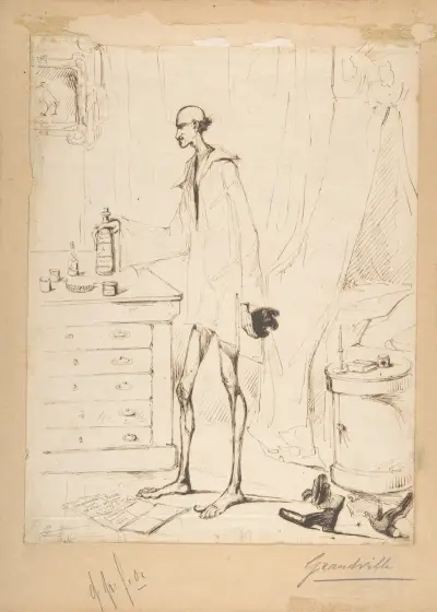 Man i nattskjorta som sträcker sig efter en flaska märkt 'Ungdomens källa' av J. J. Grandville