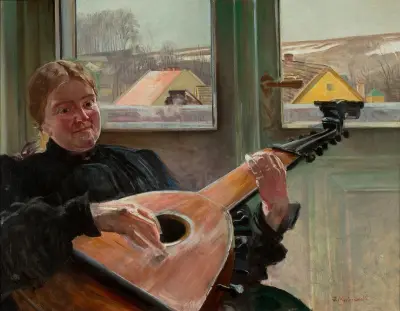 Portrait of artist’s sister Helena with a lute von Jacek Malczewski