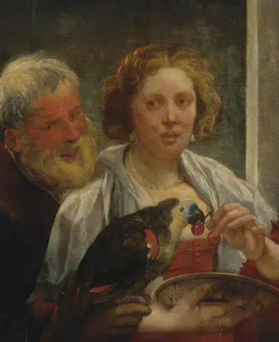 En skäggig man och en kvinna med papegoja; 'Obetald kärlek' av Jacob Jordaens