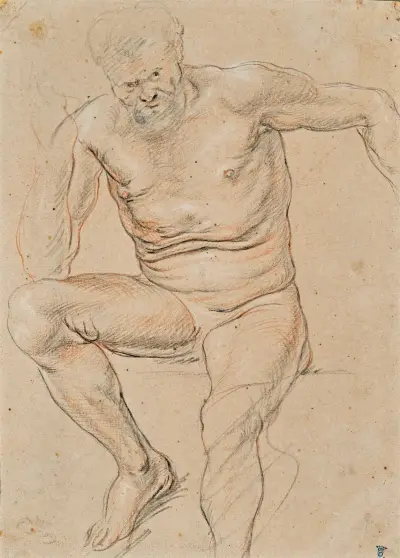 En akademi med en sittande manlig nakenstudie av Jacob Jordaens