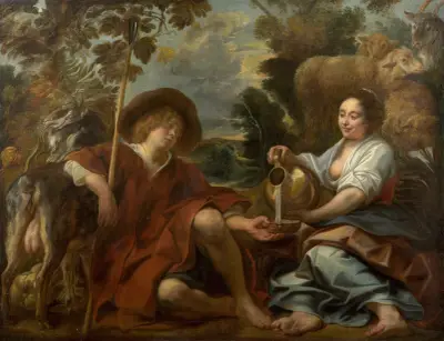 Herdeflicka som ger mjölk till en herde av Jacob Jordaens