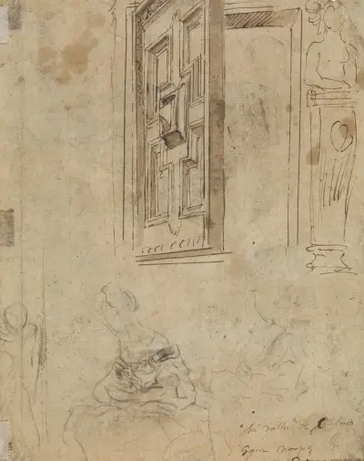 Den heliga familjen med Elisabet och Johannespojken (baksida – dörr, dörröppning och herma) av Jacob Jordaens