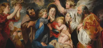 Den heliga familjen med Johannes döparens familj omgiven av änglar av Jacob Jordaens