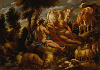 Mercurius spelar Argus till sömns med sin flöjt, med Io förvandlad till en vit kviga av Jacob Jordaens