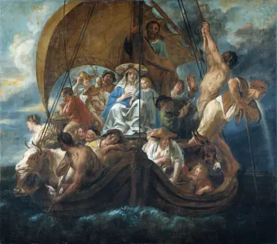 Den heliga familjen med olika personer och djur i en båt av Jacob Jordaens