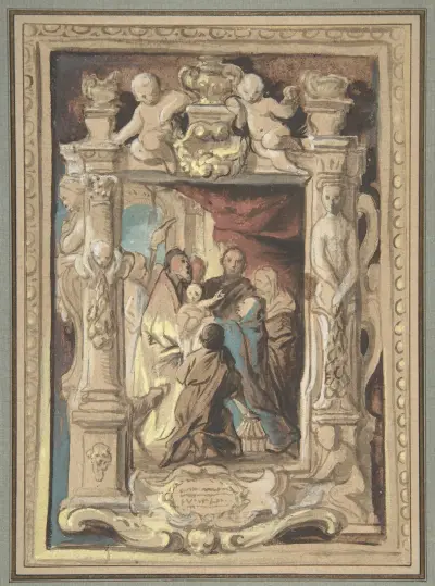 Framställningen i templet, med skiss till en skulpterad ram av Jacob Jordaens