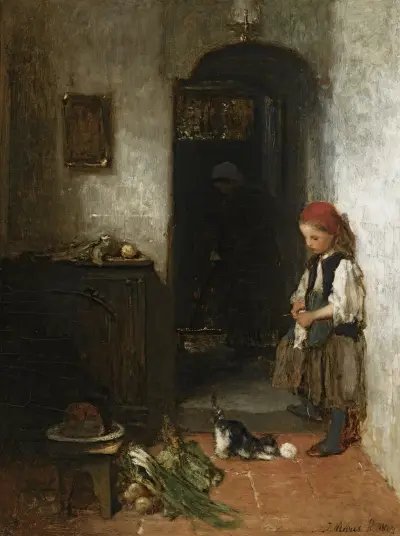 En flicka med en lekande kattunge av Jacob Maris