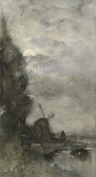 Landschap met molen bij maanlicht av Jacob Maris