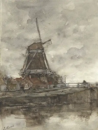 Molen en de brug bij de Noord-West-Buitensingel in Den Haag av Jacob Maris
