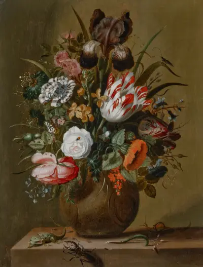 Roses, tulips, an iris and other flowers in a stoneware vase on a ledge with a lizard, stag beetle and snail von Jacob Marrel