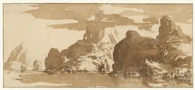 Utsikt över berg bortom en sjö av Jacques Callot