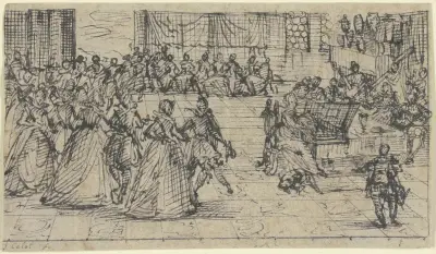 Kavaljerer och damer vid dans, en dam spelar piano och ackompanjeras av en orkester av Jacques Callot