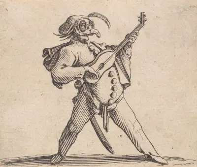Le comédien masqué, avec lunettes, et jouant de la guitare av Jacques Callot