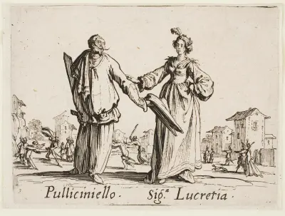 Pulliciniello and Siga Lucretia av Jacques Callot