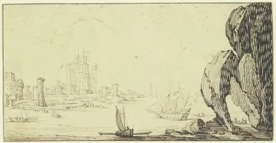 Hamn med skepp, till höger en stor klippa av Jacques Callot