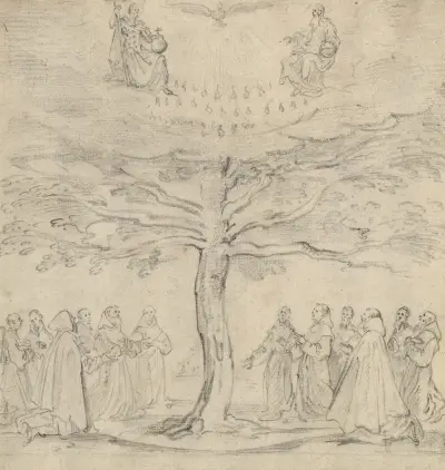 Den heliga treenigheten i livets träd, tillbedd av franciskaner av Jacques Callot