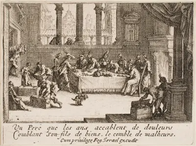 Den förlorade sonen tar emot sitt arv av Jacques Callot
