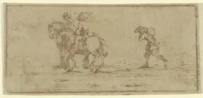 Två ryttare, följda av en man som bär en säck av Jacques Callot