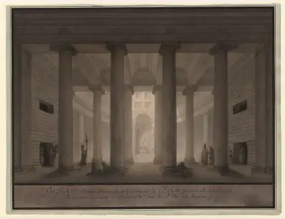 Vy av huvudingången och interiören av klosterkyrkan av Jean Jacques Lequeu