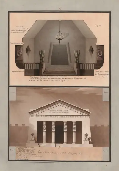 Ce porche ou vestibule, qui sert d’entrée aux lieux souterreins, et a la demeure de Pluton, donne sur le côté droit de la face latérale du temple de la Sagesse av Jean Jacques Lequeu