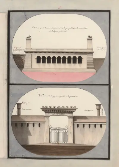 Côté de la grande terrasse allignée sur la voye publique, où communique aussi le chemin particulier ; Porte toscane de la pépinière plantée en quinconce av Jean Jacques Lequeu