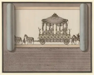 Teckning av den vagn i vilken Alexander fördes efter sin död till Alexandria, där Ptolemaios lät bygga ett magnifikt tempel åt honom av Jean Jacques Lequeu