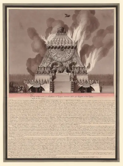 Teckning av Trajanus apoteosmonument; ceremoni instiftad av Augustus, och som Tiberius gjorde till lag av Jean Jacques Lequeu
