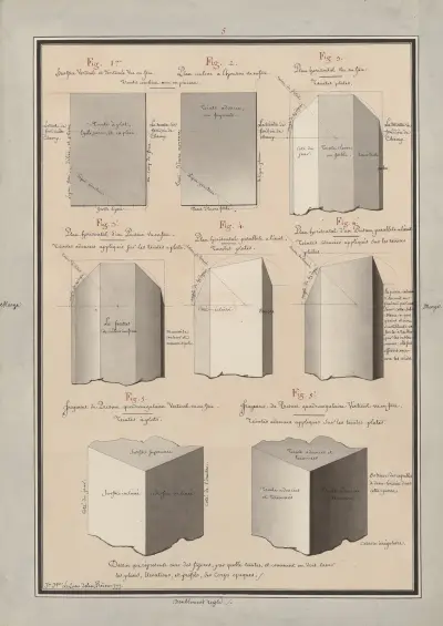 Dessin qui représente avec des figures, par quelle(s) teintes, et comment on doit laver les plans, élévations, et profils, des corps opaques, 1777 – nr 9 av Jean Jacques Lequeu