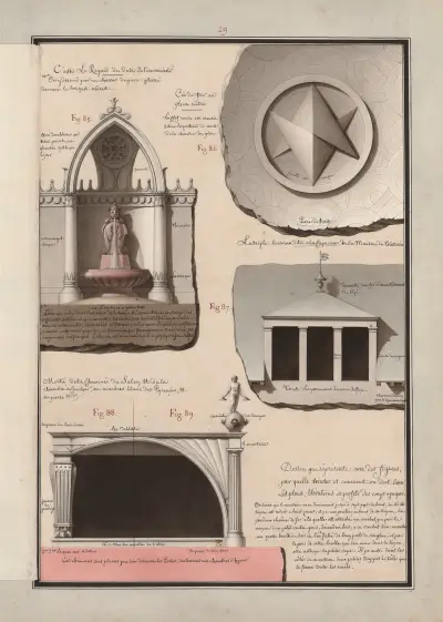 Dessin qui représente avec des figures, par quelle(s) teintes et comment on doit laver les plans, élévations et profils des corps opaques, 1777 – nr 10 av Jean Jacques Lequeu