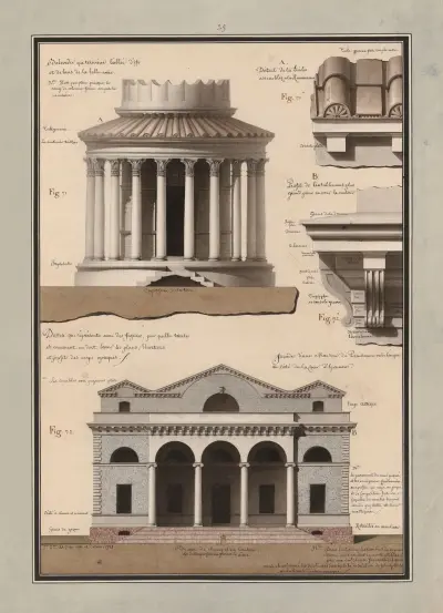 Dessin qui représente avec des figures, par quelle(s) teintes, et comment on doit lever les plans, élévations et profils des corps opaques av Jean Jacques Lequeu