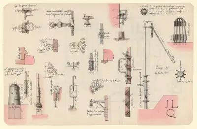 Detaljer av smidesarbeten från olika element av Jean Jacques Lequeu