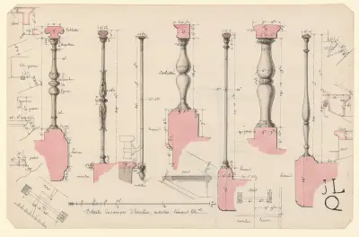 Detaljer av trappräcken, steg, limoner av Jean Jacques Lequeu