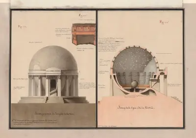 Elévation géométrale du temple de la Terre ; Section de la ligne côté de l’entrée ; Dernière résolution de l’ordre extérieur av Jean Jacques Lequeu