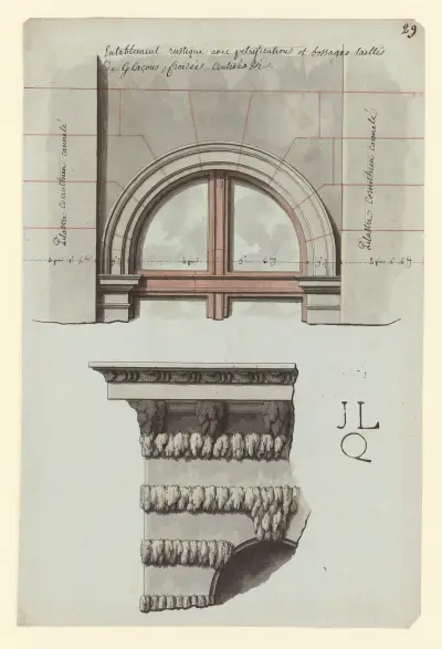 Entablement rustique avec pétrifications et bossages taillés de glaçons ; Croisée cintrées av Jean Jacques Lequeu