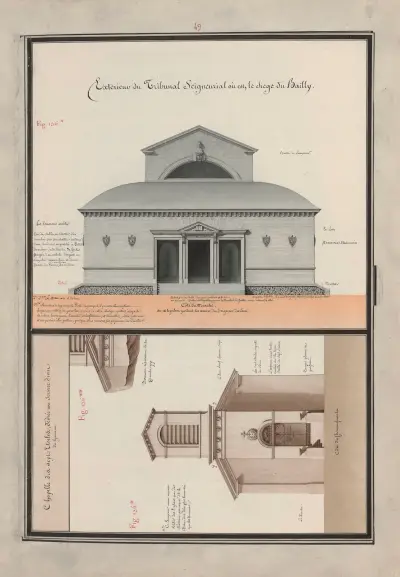 Extérieur du tribunal seigneurial où est le siège du bailly; (Chapelle des sept étoiles, dédiée au service divin du hameau) av Jean Jacques Lequeu