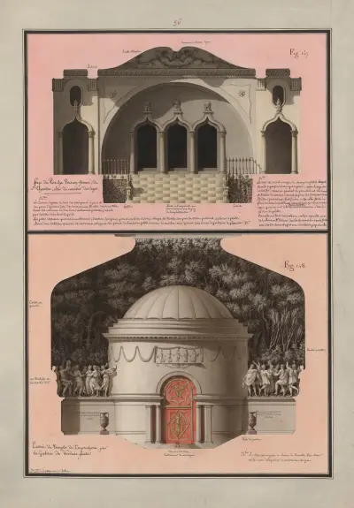Face du porche persan fermé, du théâtre, côté du corridor des loges ; Entrée du temple de Terpsichore, par la galerie de verdure feinte von Jean Jacques Lequeu