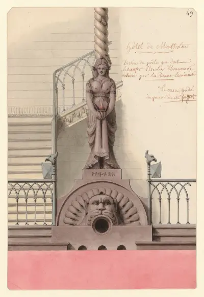 Hôtel de Montholon. Dessin du poële qui doit échaufer l’escalier d’honneur ; Eclairé par la Diane lumineuse von Jean Jacques Lequeu