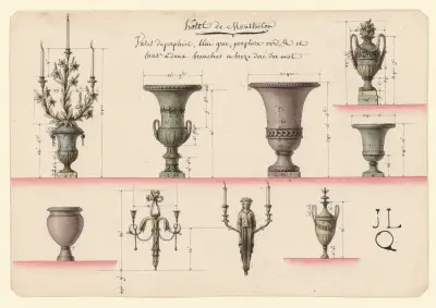 Hôtel de Montholon. Vases de porphire, bleu grec, porphire verd… et bras à deux branches en broze doré dor mat av Jean Jacques Lequeu