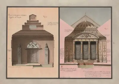 Intérieur de la salle fraîche de l’habitation à l’égyptienne, côté de la porte ; Le côté de la salle de Morphée, qui sert d’entrée au cabinet de Sommeil av Jean Jacques Lequeu