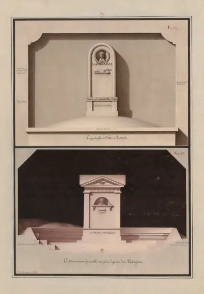 Le cénotaphe du valon des pasteurs (A Nicolas Poussin) ; Ce monument honorable est près le pont des philosophes (A Pierre Corneille) av Jean Jacques Lequeu