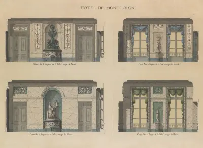 Längd- och tvärsektioner av matsalarna i Hôtel de Montholon av Jean Jacques Lequeu