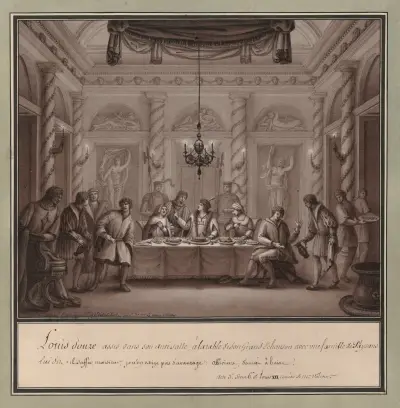 Louis douze assis dans son anti-salle, à la table de son grand échanson avec une famille de paysans… ; Acte 3e scène 6e de Louis XII comédie de Mr Valcour von Jean Jacques Lequeu