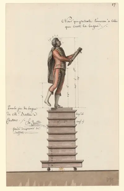 Noir qui présente l’anneau à celui qui court la bague. Pour le jeu de bague de Mr. Bertin à Chatou av Jean Jacques Lequeu