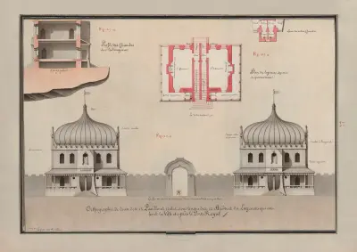 Orthographie de deux des 12 pavillons isolés, sous le nom des 12 Apôtres du Lazaret qui est hors la ville et près de Port-Royal av Jean Jacques Lequeu