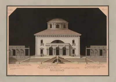 Orthographie du grand pavillon romain, côté du jardin paré, donnant sur le lac av Jean Jacques Lequeu