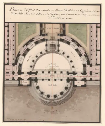 Plan de l’église conventuelle des Dames Religieuses Capucines de Marseilles, dites les Filles de la Passion … – von Jean Jacques Lequeu