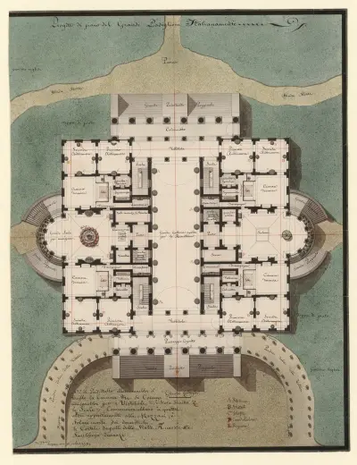 Progetto di piano del grande padiglione italianamente av Jean Jacques Lequeu